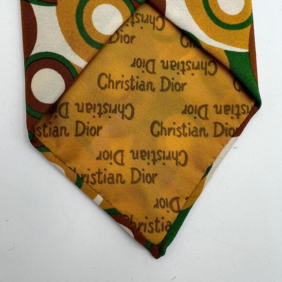 Christian Dior Vintage 60s Silk Tie Geometric Mod Circles Gold Brown Green - Picture 5 of 7